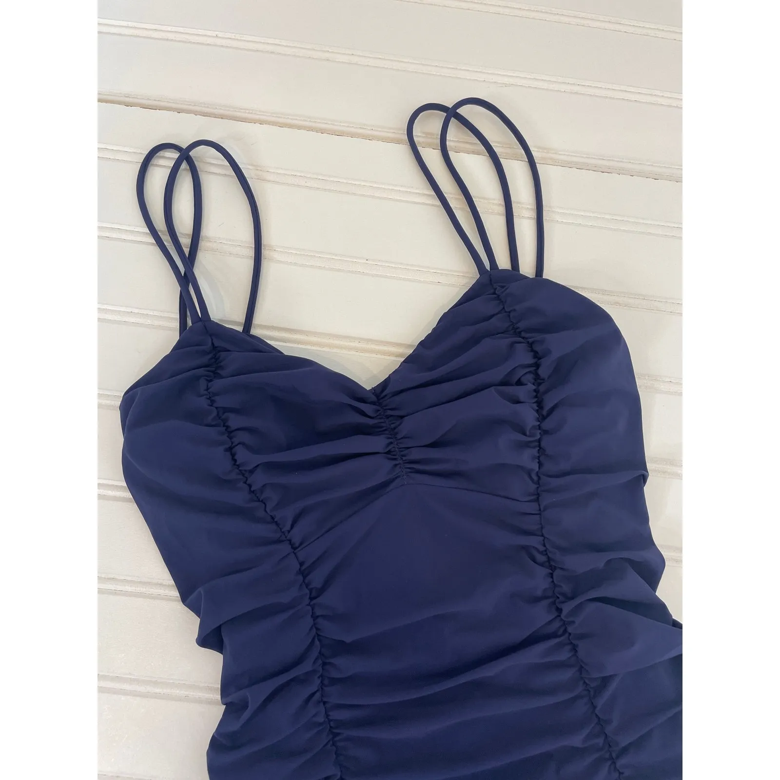 NWOT Michael Kors Swimsuit Navy Blue Ruched Strappy V-Neck 1 PC One Piece Sze XS - Image 2