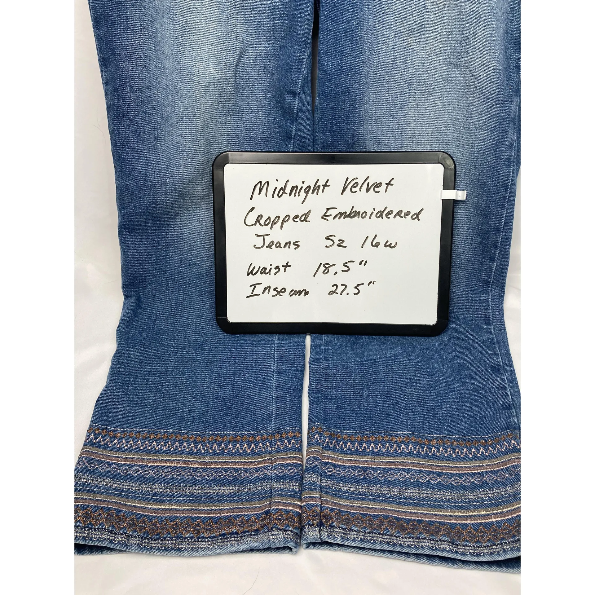 Midnight Velvet Cropped Jeans with‎ Embroidered Hem 16W Blue - Image 3