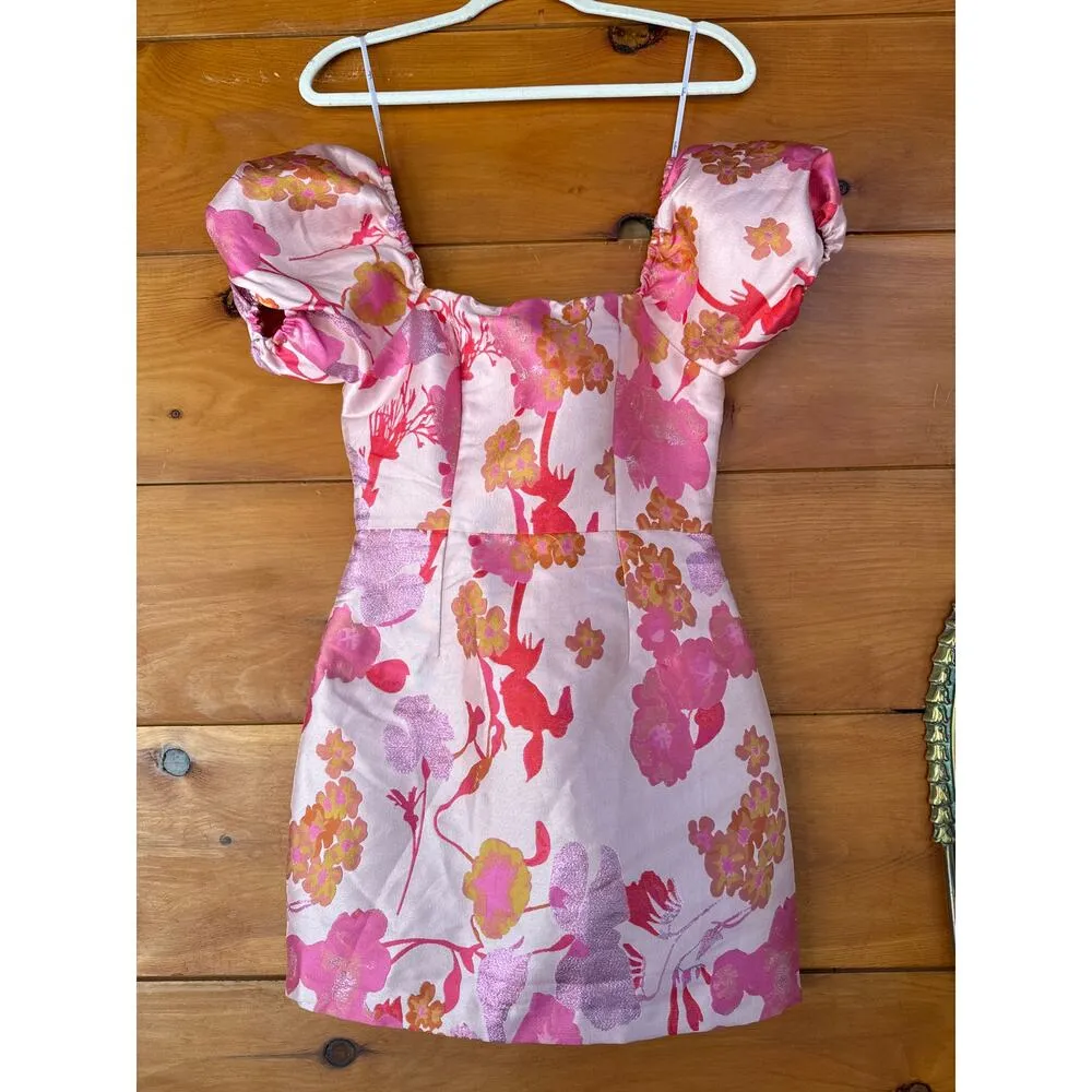 NWOT Lulus So Stunning Orange Multi Floral Jacquard Puff Sleeve Mini Dress Sz XS - Image 3