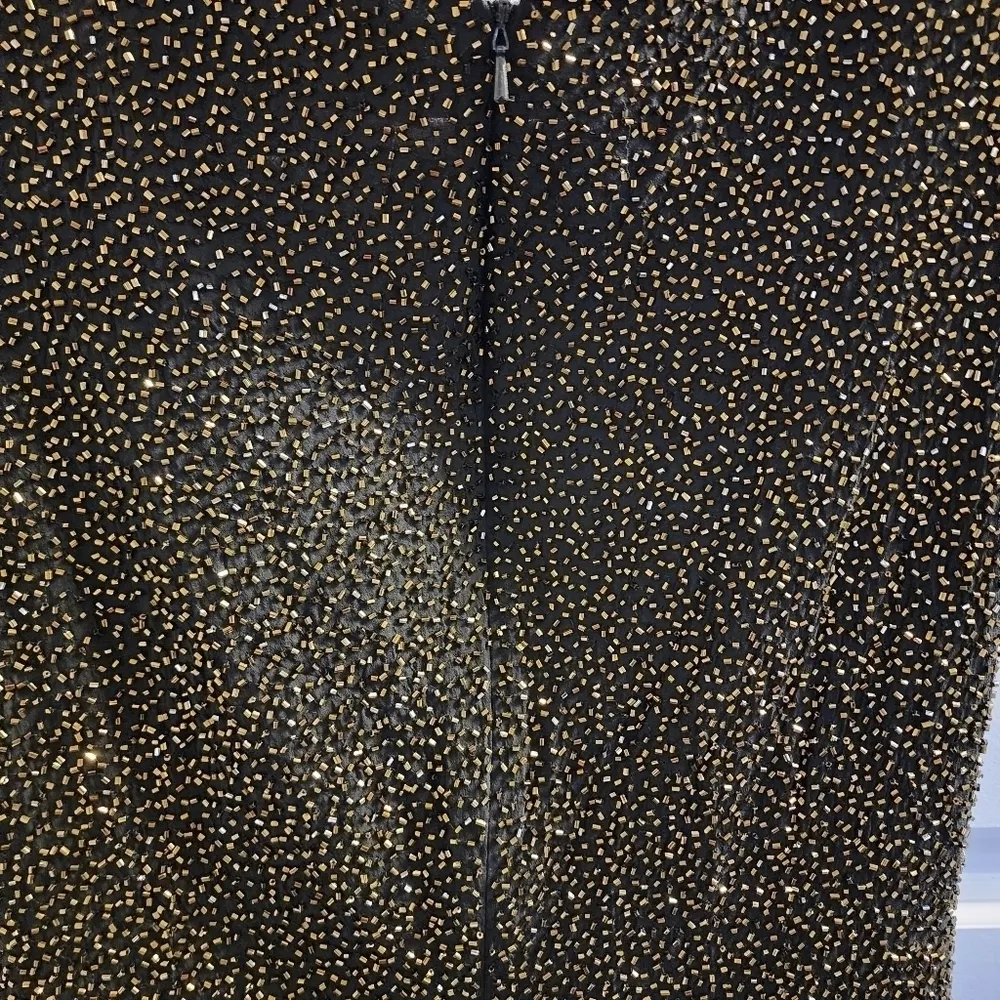 Vintage Bieff Basix Black Silk Short Sleeve Retro gold Beaded Midi Dress 6 - Image 11