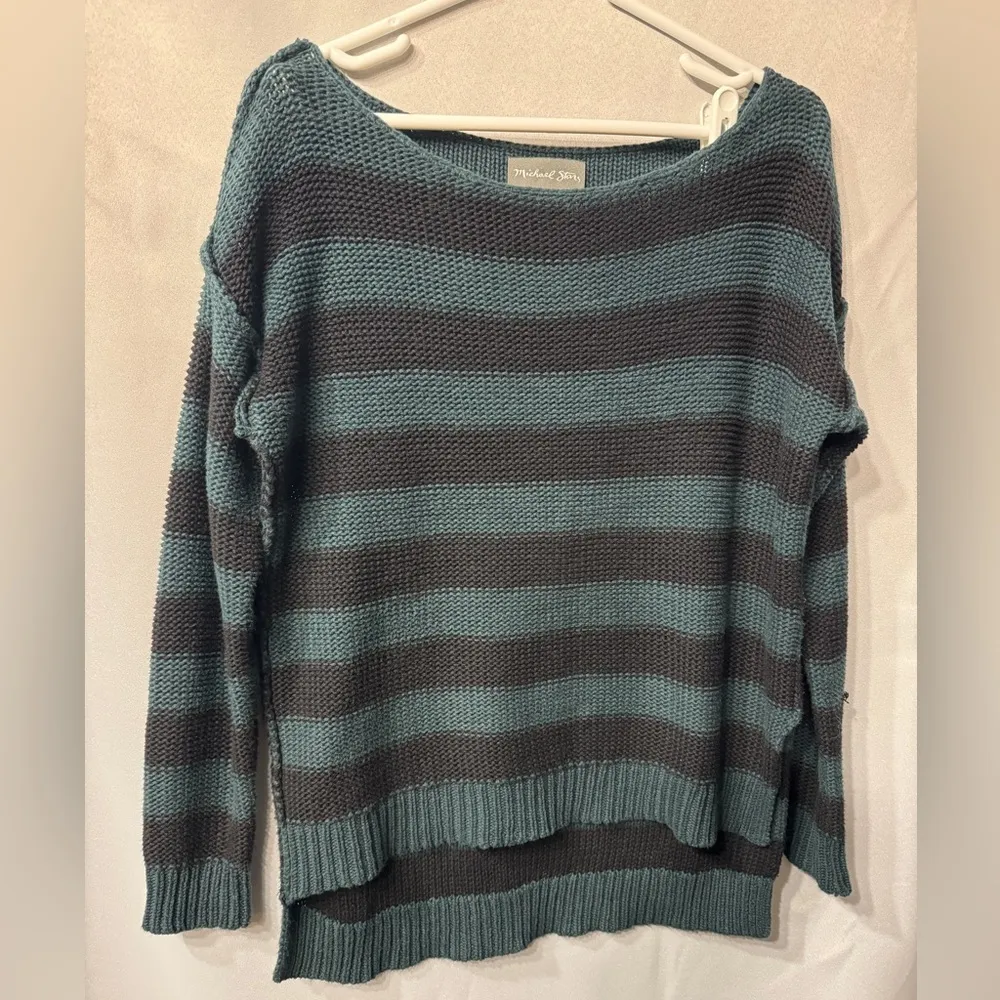 Michael Stars Dropped Shoulder Stripe Sweater Green & black striped size small - Image 3