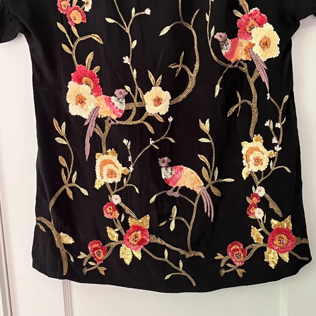 Floreat anthropologie blouse size small sequin embellished sheer floral bird Black - Image 7