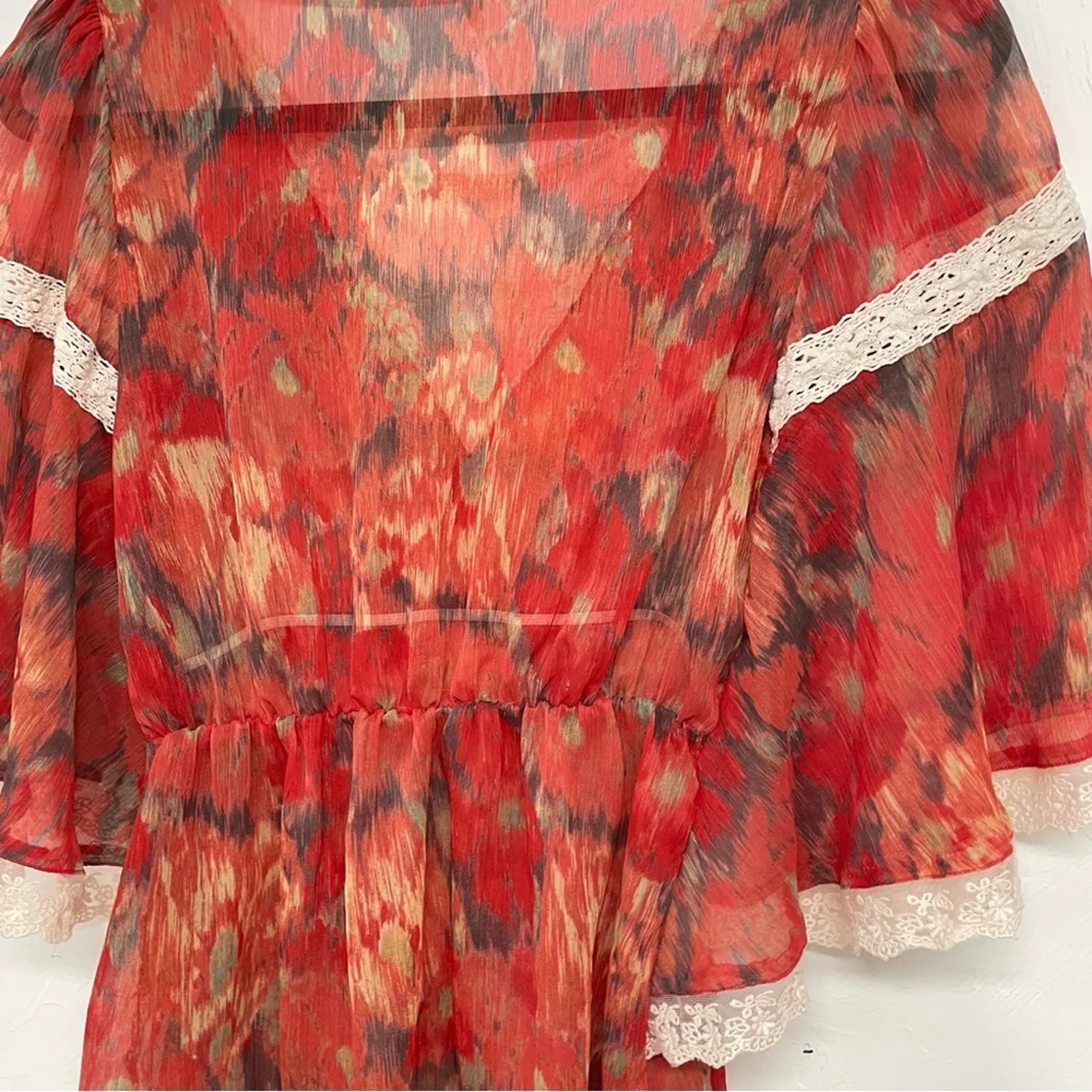 Free People Red Floral Lace Crochet Boho Blouse XS Retro Festival Ruffle 70s - Image 6