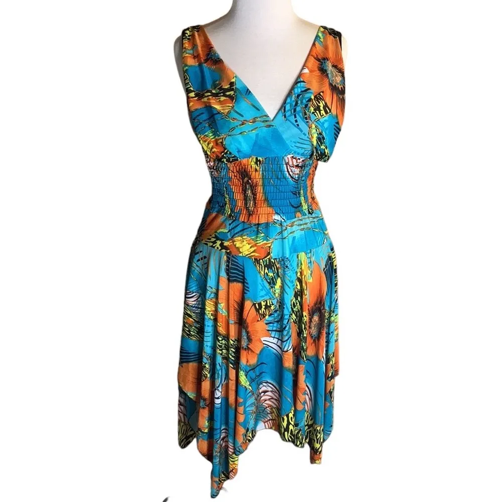 Boutique Brand Tropical Dress W/ V-Neck, elasticized waist, asymmetric hemline - Image 2