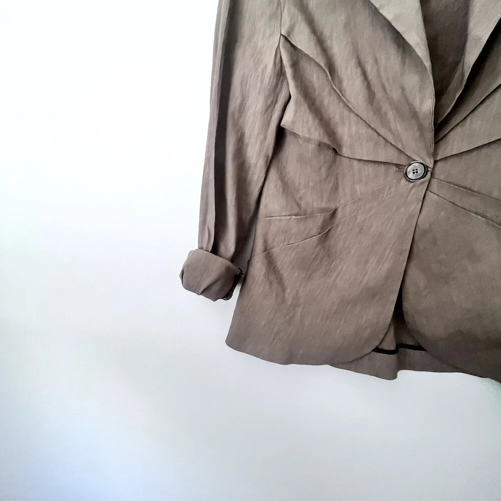 Zara Brown Tailored Blazer Suit Jacket Pleats Linen Blend size Medium - Image 3
