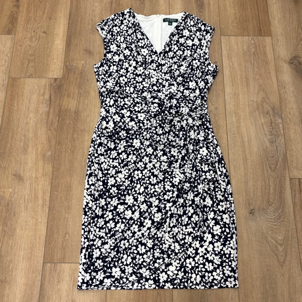 🌟LAUREN RALPH LAUREN🌟 RODYA FLORAL PRINT FAUX WRAP KNIT DRESS BLUE WHITE SZ 12 - Image 3
