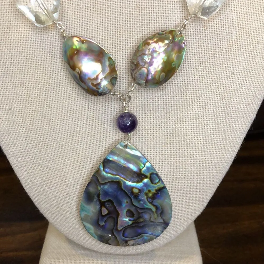 Vintage Abalone Amethyst Crystal Necklace with Abalone Teardrop Pendant - Image 9