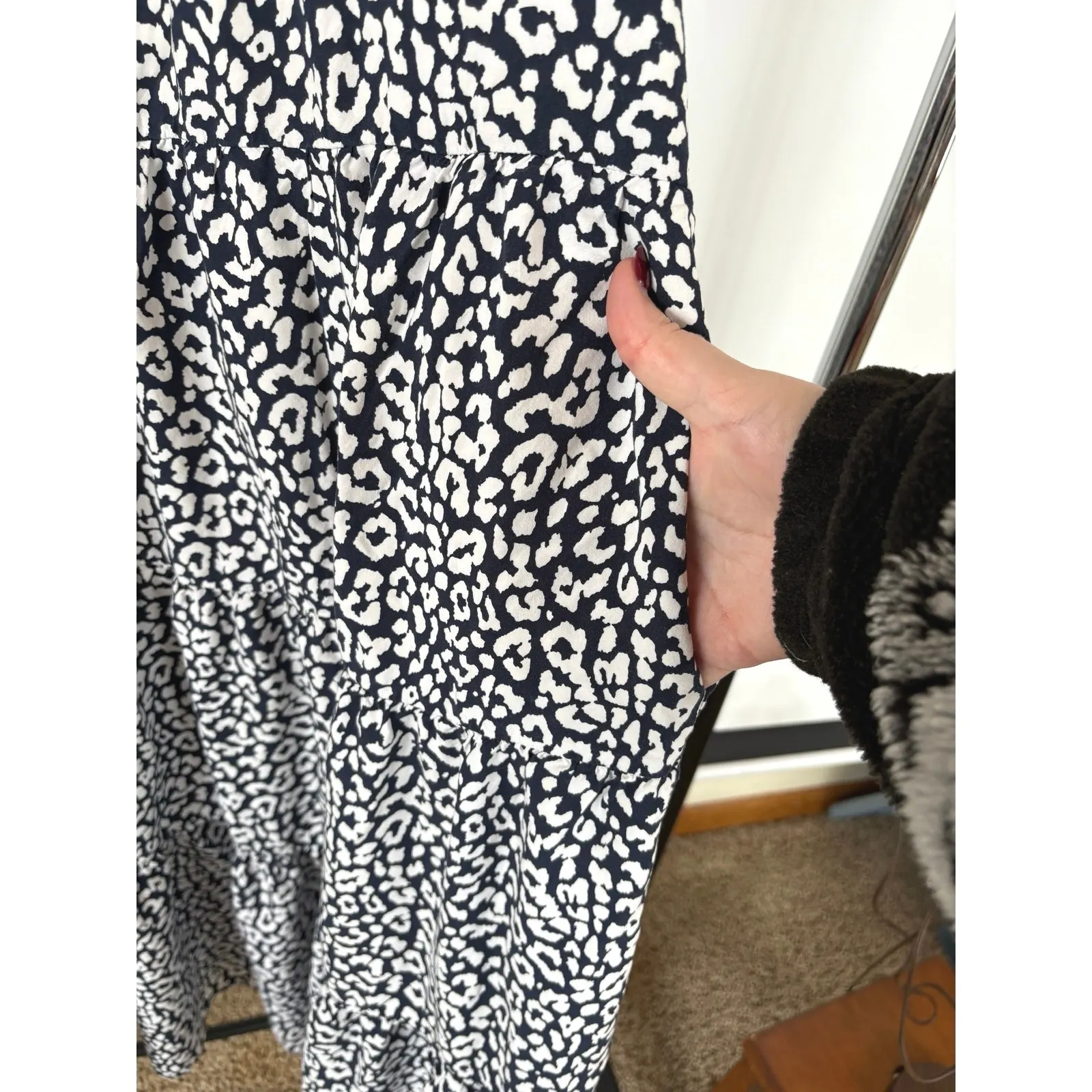 J.Crew Animal Print Navy Boho Tiered Puff Sleeve Prairie Modest Maxi Dress Large - Image 6
