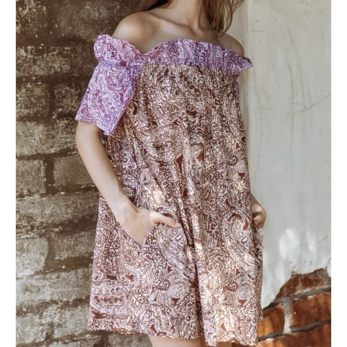 Free People Sophie Paisley Cotton Mini Dress XL Brown Purple Boho Chic Festival - Image 3