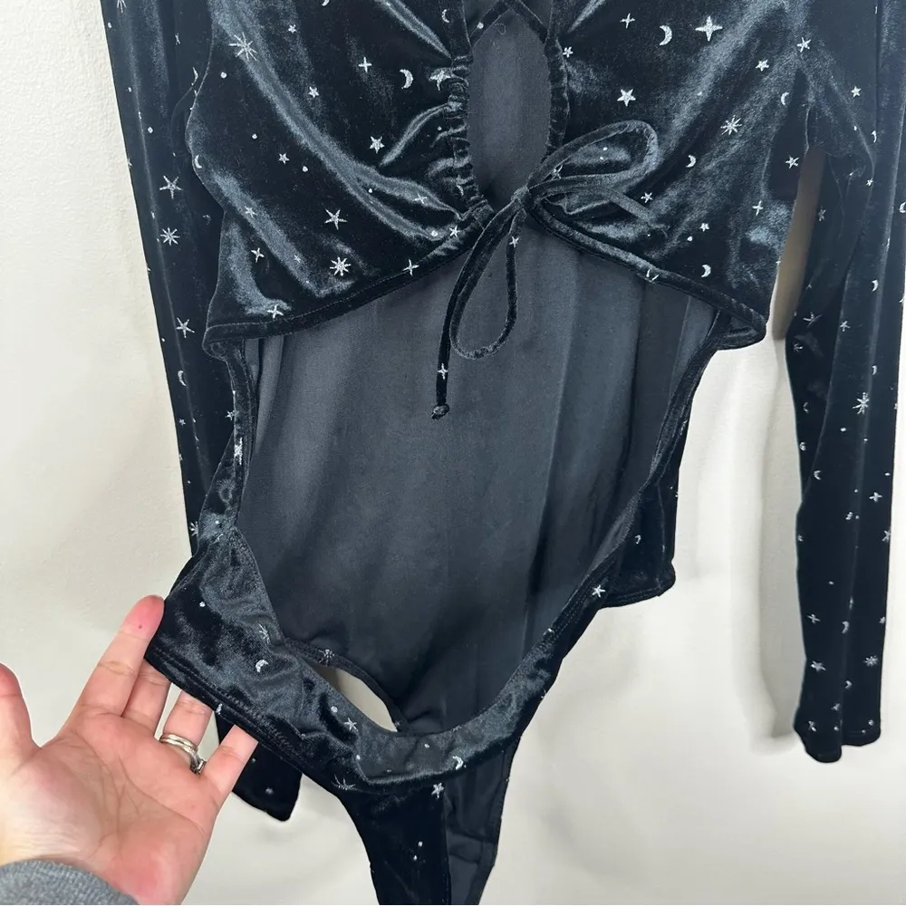 Wild Fable Bodysuit Womens Large Black Velvet Silver Celestial Sun Moon Stars - Image 8