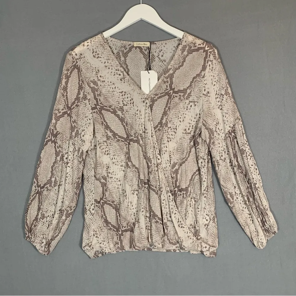 Snake Print Women's Sheer Top Blouse Size Small Cotton Bleu Gray - Image 2