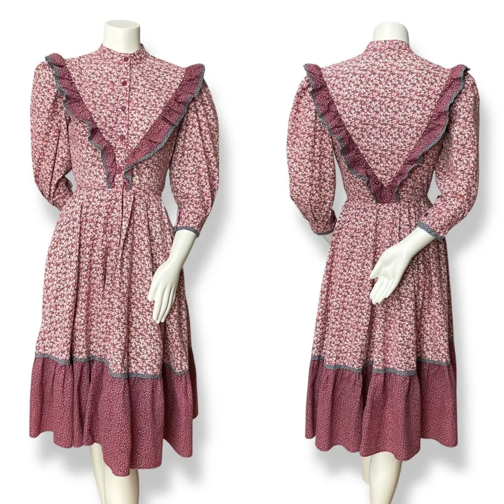 Vintage Eklecktic Prairie Dress‎ Edwardian Midi Calico Ruffles Cottagecore Retro Pink Size XXS - Image 2
