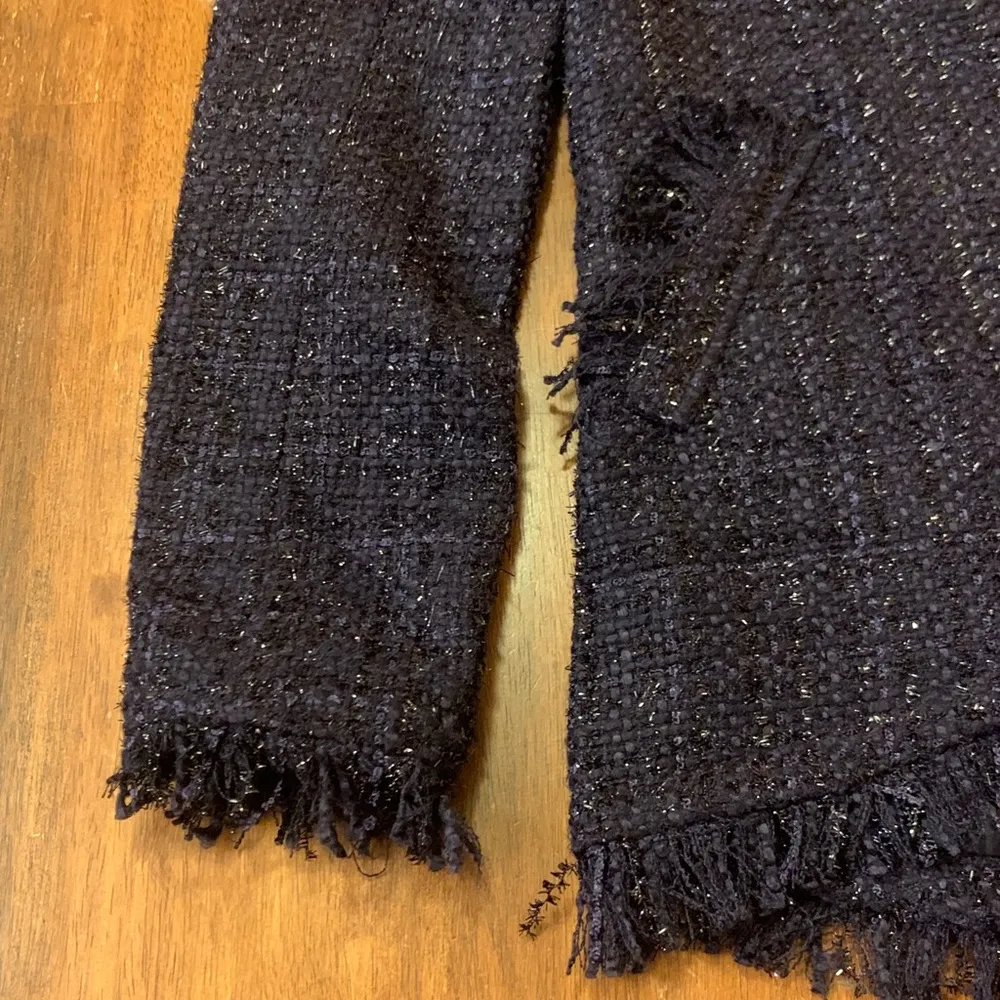 Italiagogo Blazer Small Navy Blue Jacket Metallic Tweed Fringe Trim Collarless - Image 6