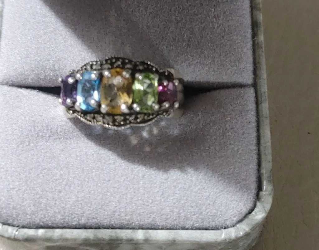 Vintage Marcasite Sterling Silver 925 Ring Prong Multi Colored Gemstones Stamped - Image 2