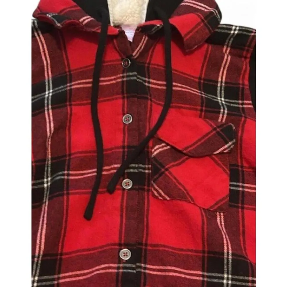 Plaid Flannel Shirt Jacket XS Sherpa Hood Red Cabin‎ Core Cozy Grunge Y2K Skater - Image 10