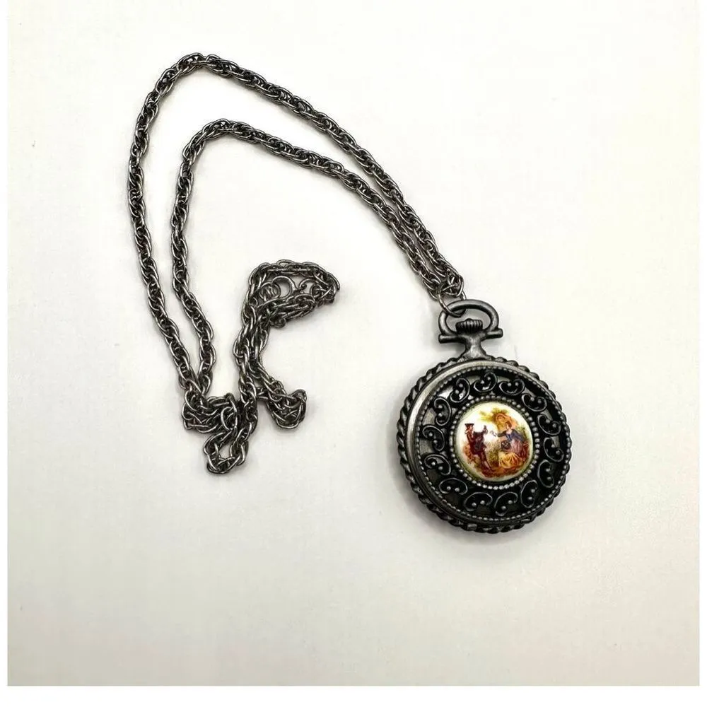 Long round locket necklace with courtship scene Silver - Image 2