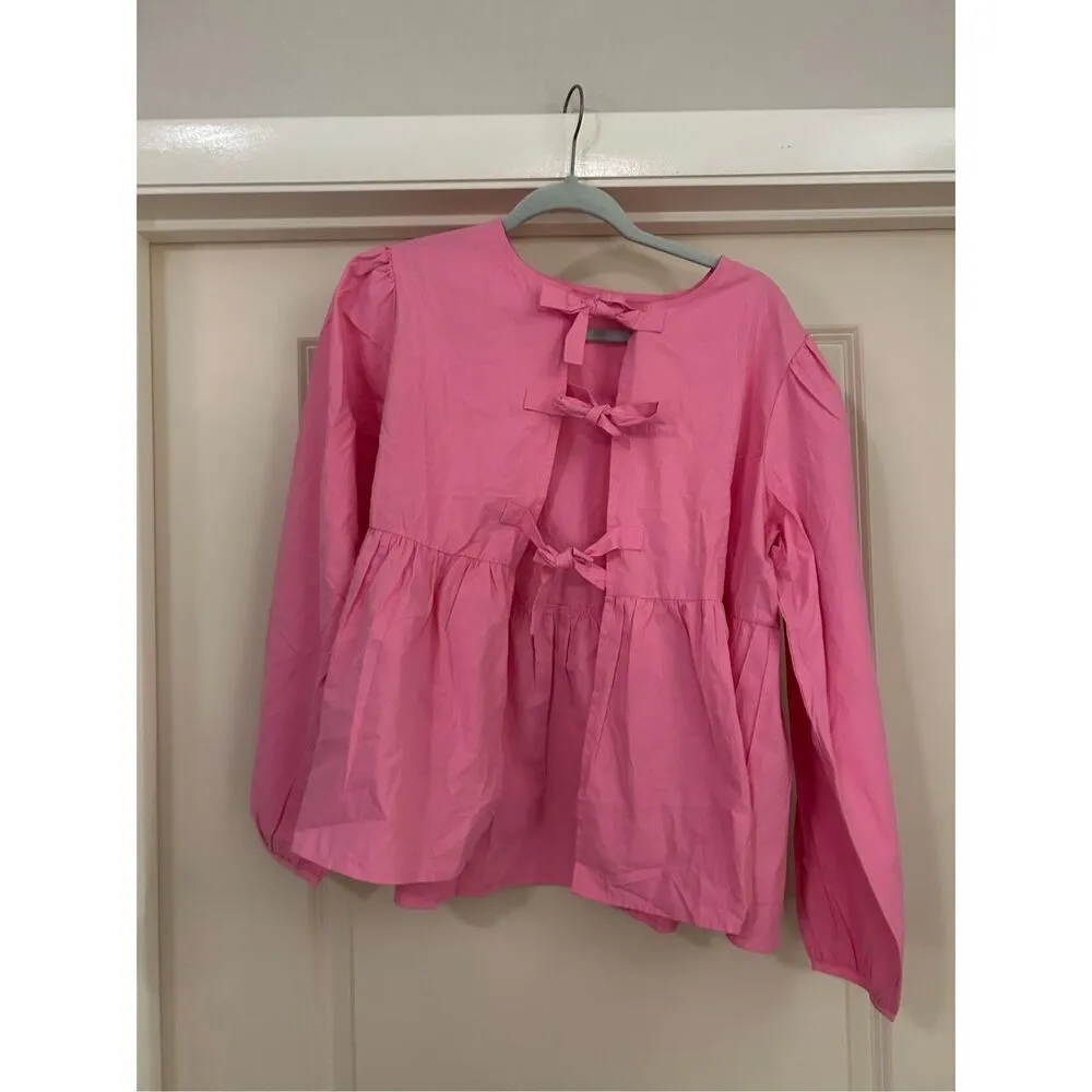 NEW Tie Front Top Babydoll Puff Short Sleeve Blouse 100% Cotton Shirt L Pink Size L - Image 3