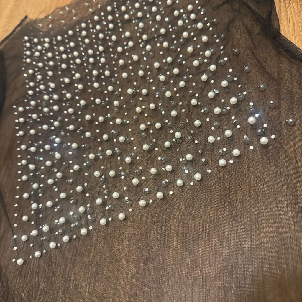 Women's Small Black Mesh Pearl Rhinestone Beaded Sheer Mesh Long Sleeve Shirt - Image 3