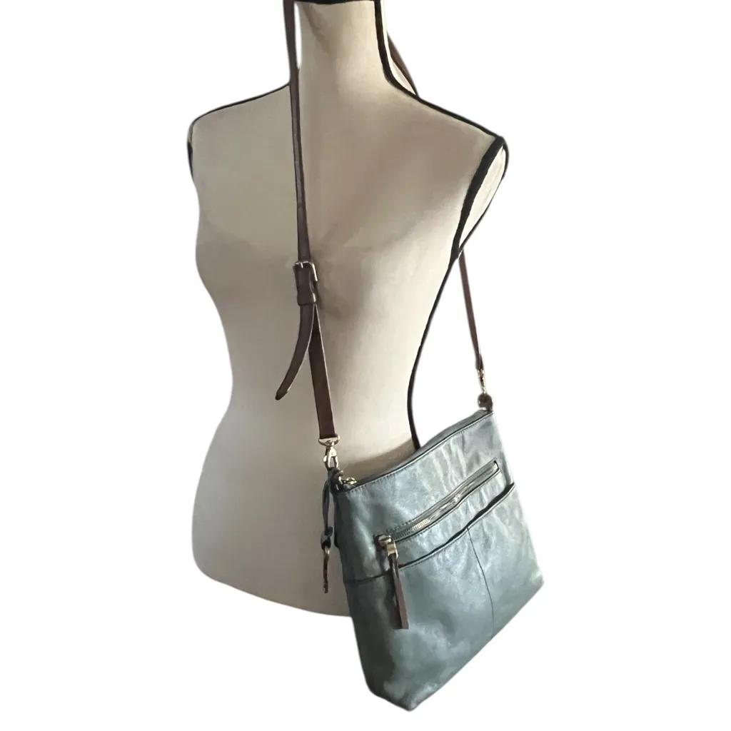 Fossil Blue Gray Leather Crossbody Handbag. - Image 5