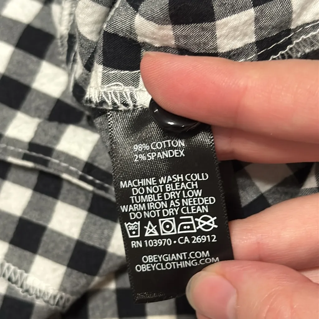 Obey Black/White Checkered Button Down Balloon Short Sleeve Crop Top Cotton sz M - Image 8