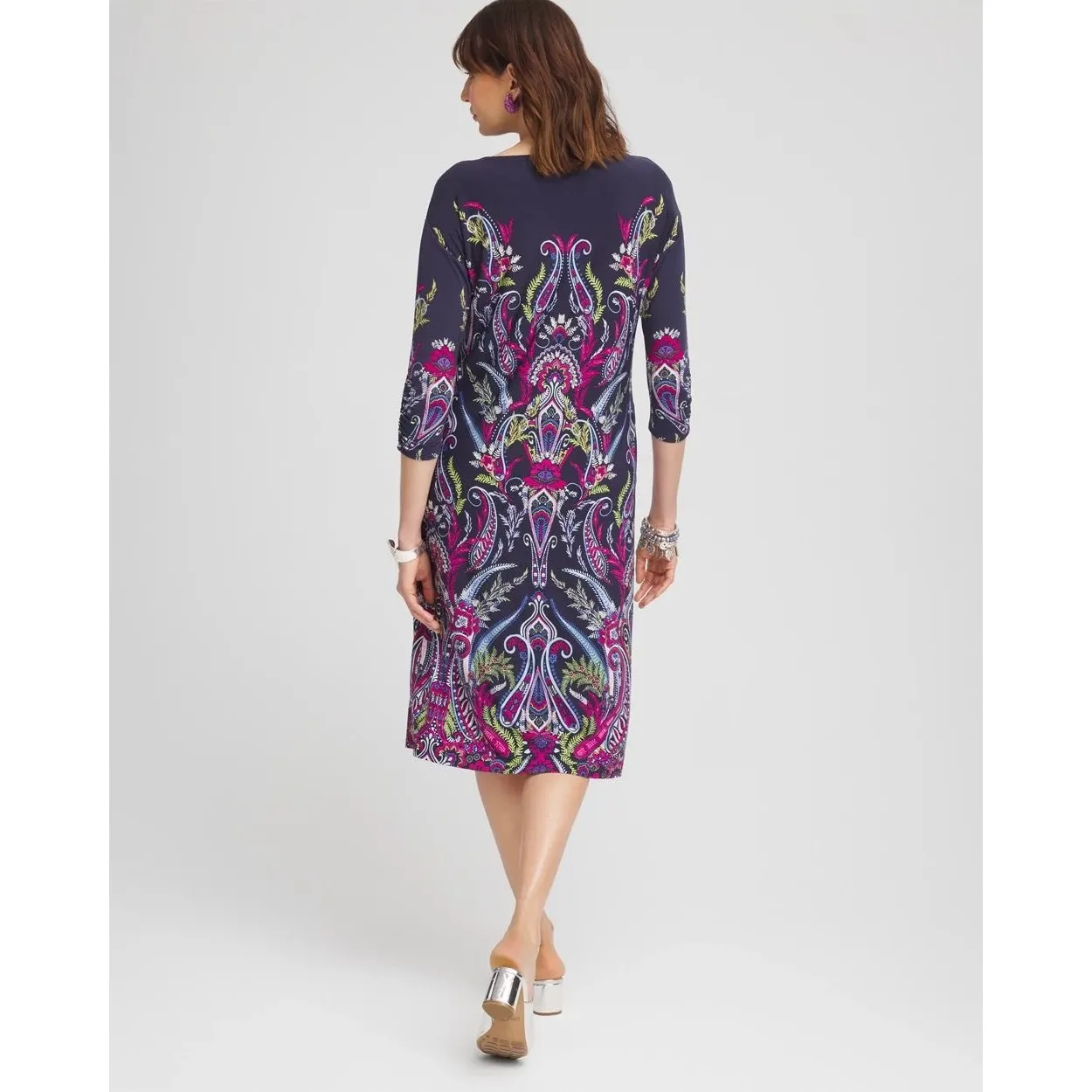 Chicos Ruched Sleeve Midi Dress Size 2 Large Multi Paisley Floral Stretch Office - Image 10