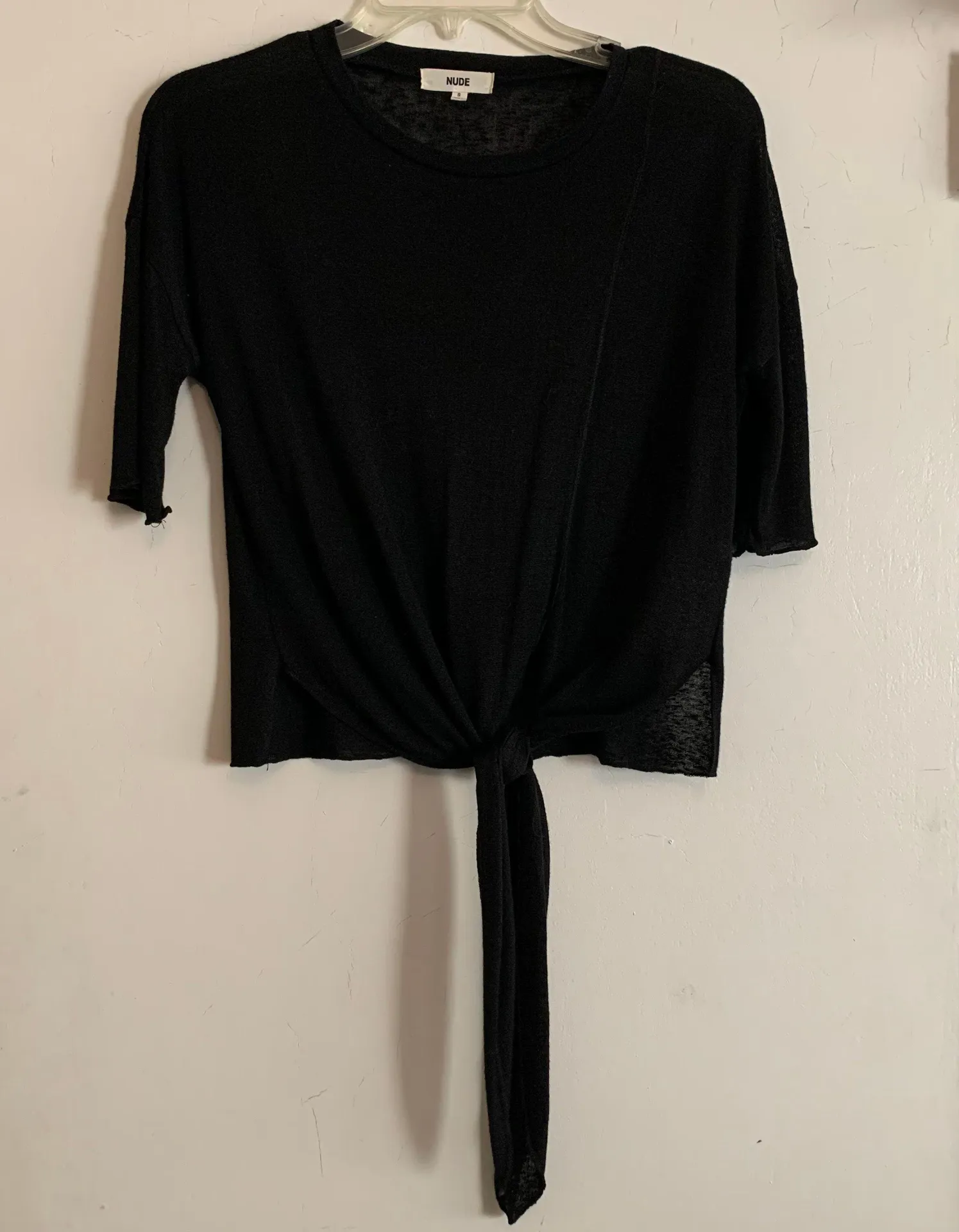 Black knit three quarter sleeves tie front knot spliced split top - Image 10