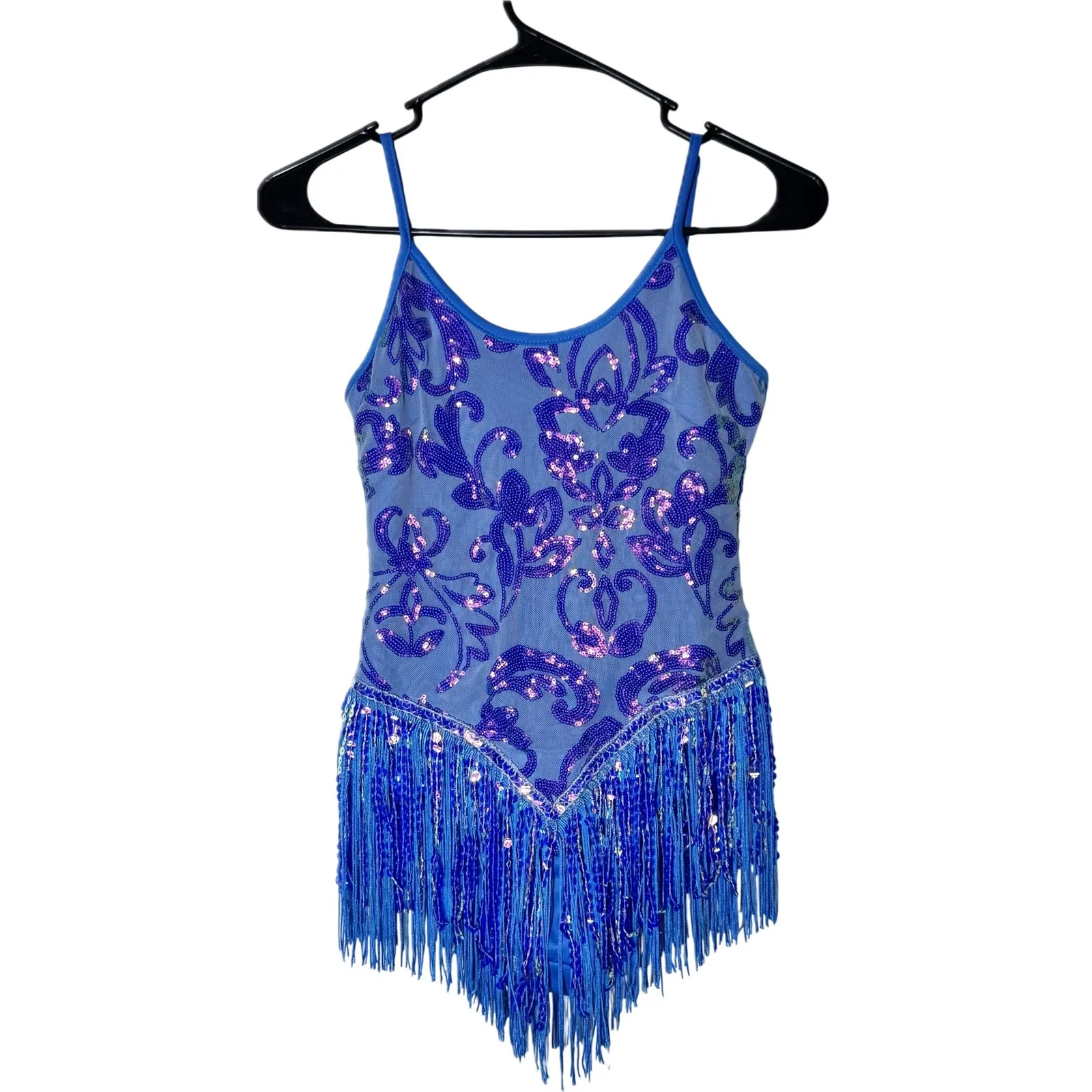 NWOT Sequin Fringe Bodysuit Sparkly Tassel Dance Rave Costume XS Blue - Image 7