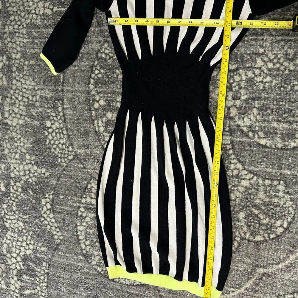 Ted Baker Sz 2 S Black White Row Striped Knit Contrast Lime Green Sweater Dress - Image 8