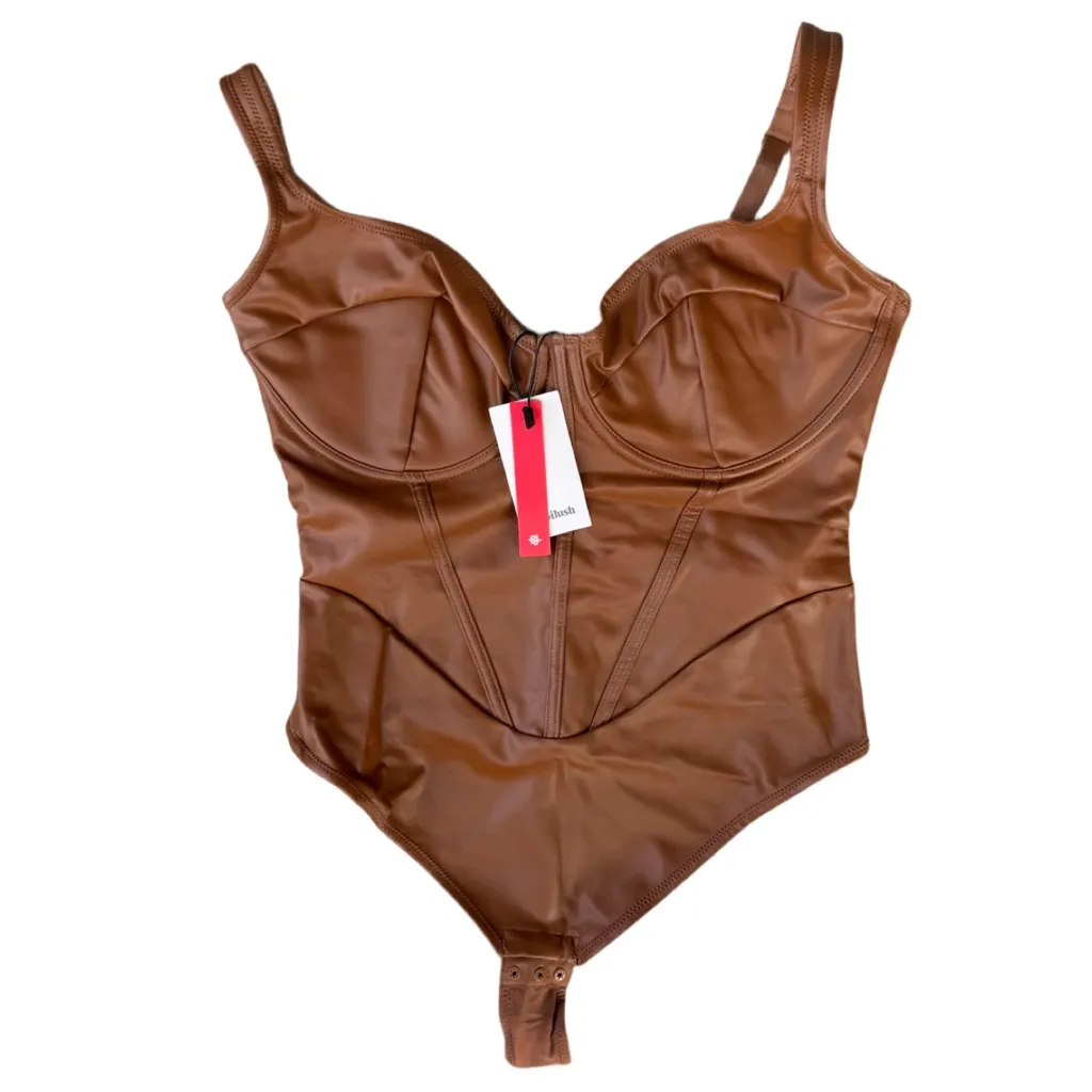 NWT Popilush Leather Corset Bodysuit V Neck Thong Shapewear Top XL Brown - Image 5