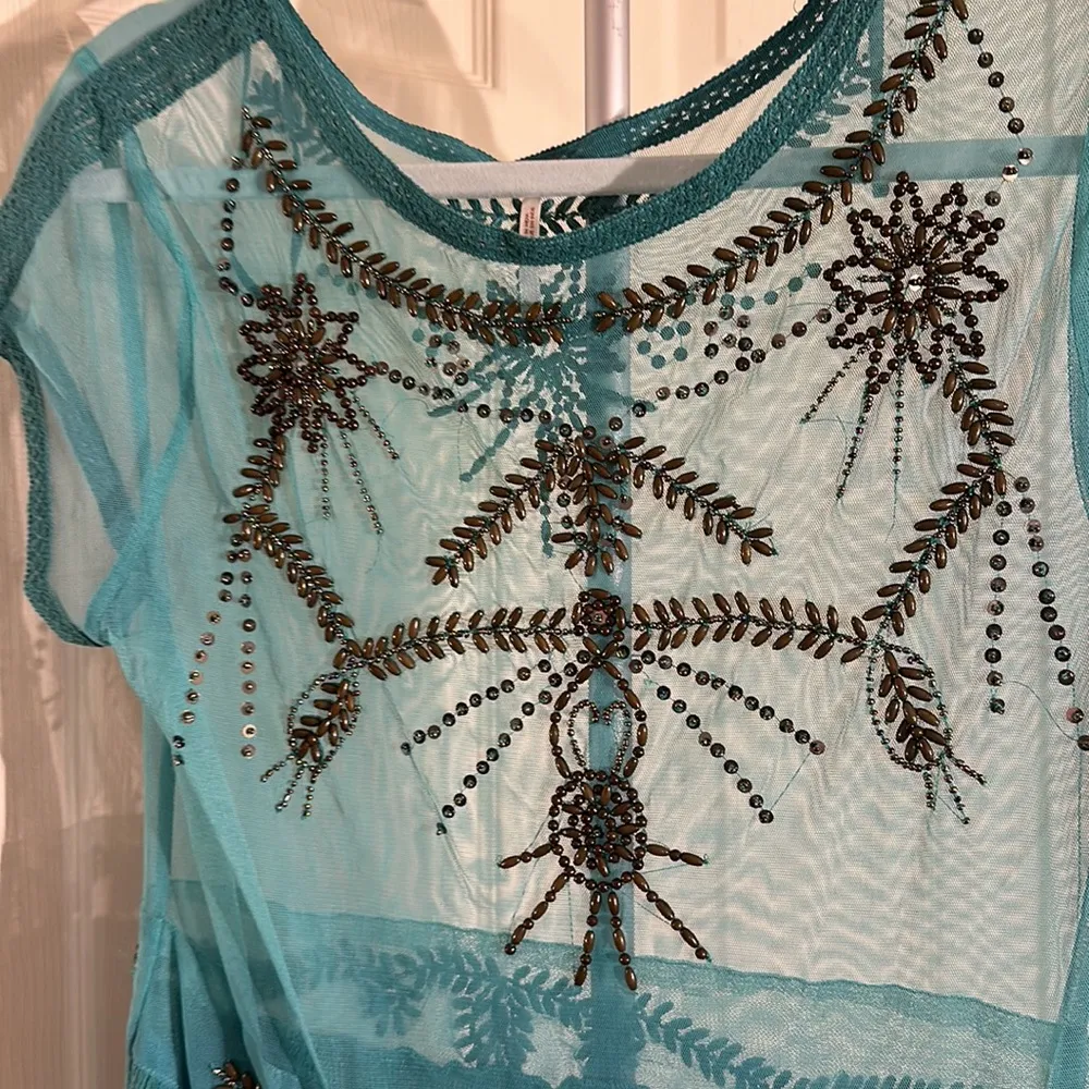Free People Aqua Blue Beaded Top Small - Image 2