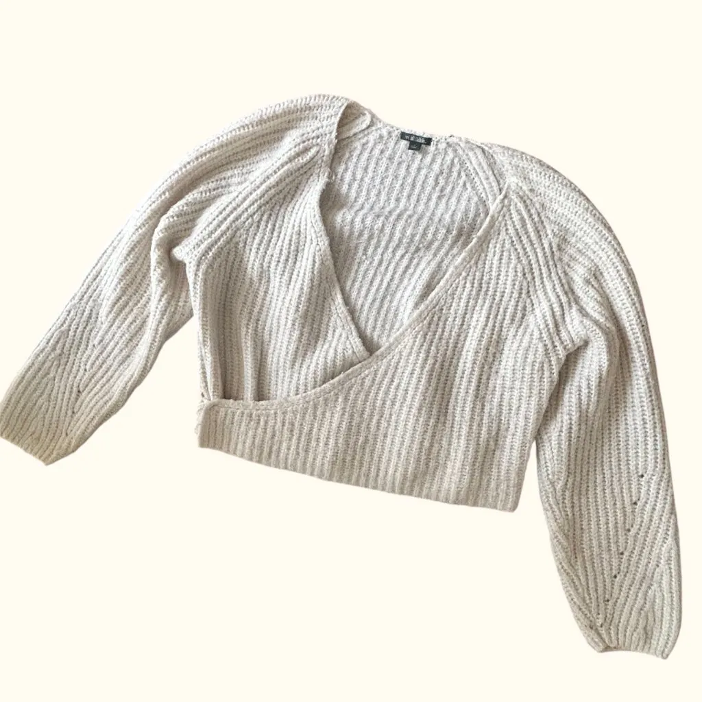Wild Fable Wrap Sweater Pointelle Sleeves V Neck Ivory Size Small Chunky Knit - Image 12