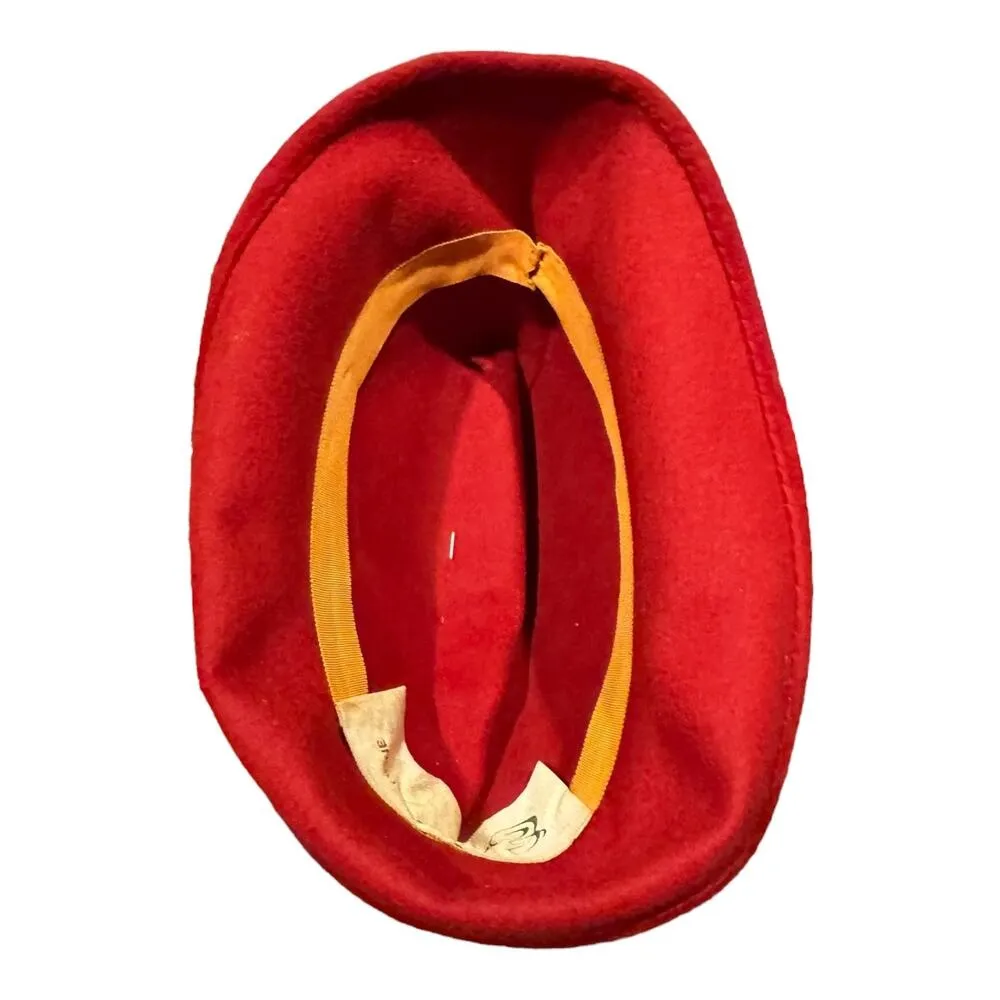 1960's American Vintage Emme Boutique Red Wool Hat, Feathers, fold over size S-M - Image 11