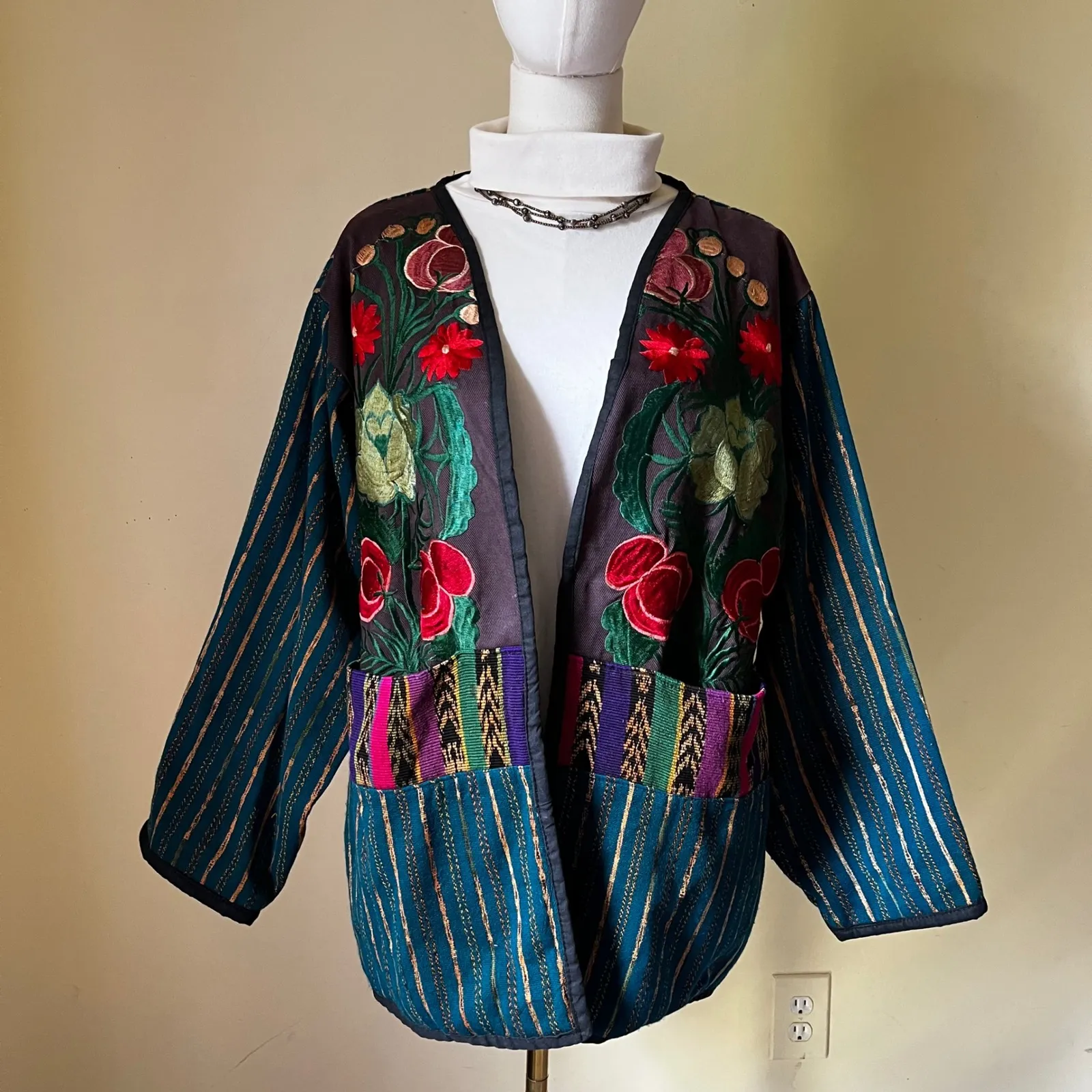 Vintage Boho Floral Embroidered‎ Kimono Jacket Artisan Folk Art Festival Coat OS Green Size undefined - Image 6