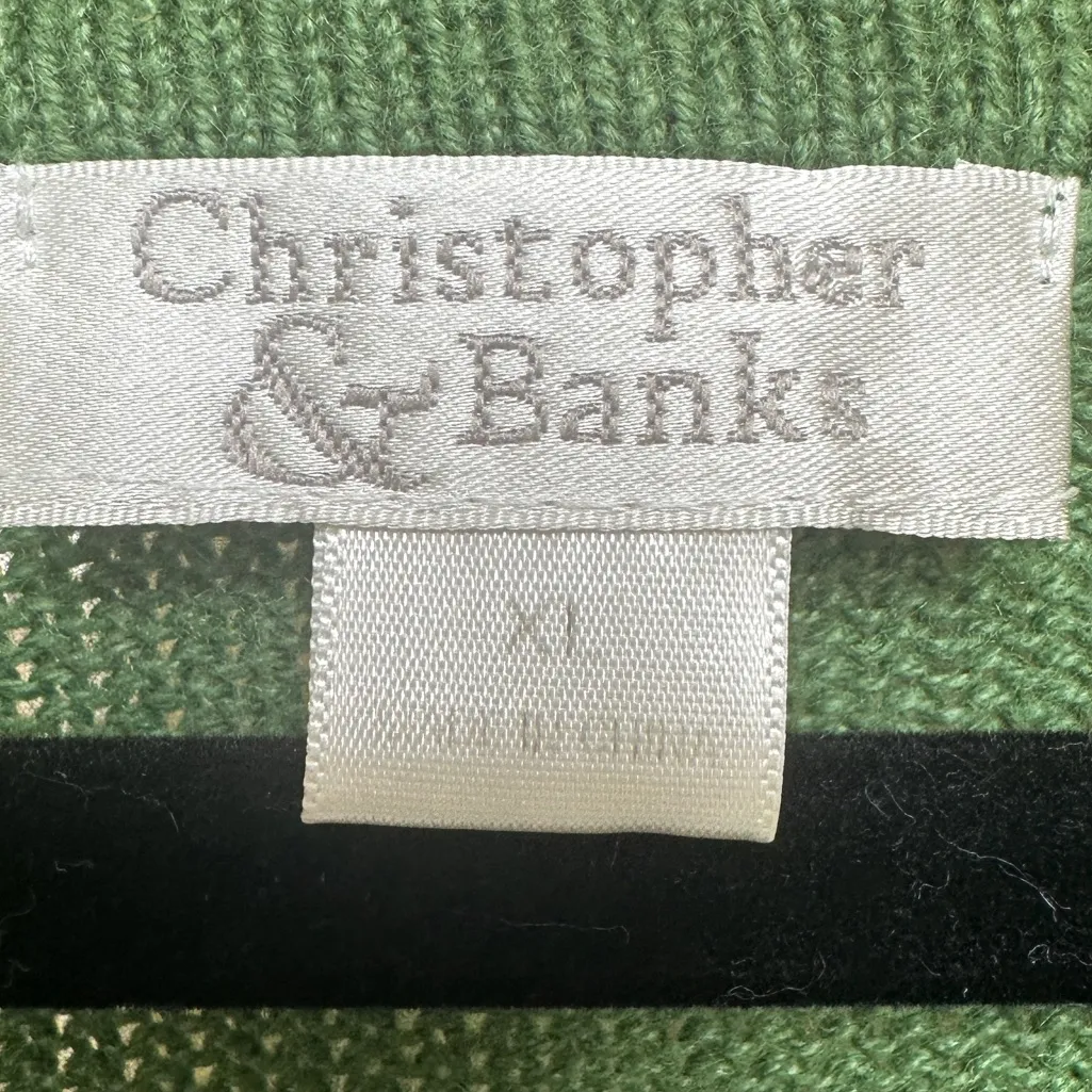 Vintage Christopher & Banks Christmas Cat Snowman Embroidered Sweater XL Green - Image 3