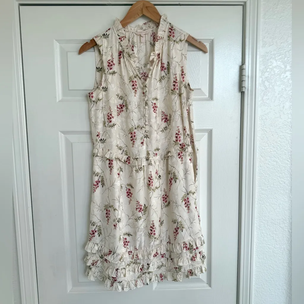 Rebecca Taylor Ivie Floral Ruffle Silk Blend Dress 2 Cream Ivory Pink Combo - Image 3