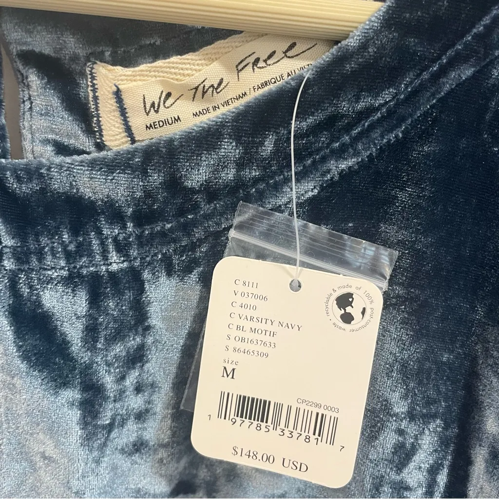 Free People We The Free-Moon City Blue Velvet Baby doll Blouse. Sz Medium - Image 4
