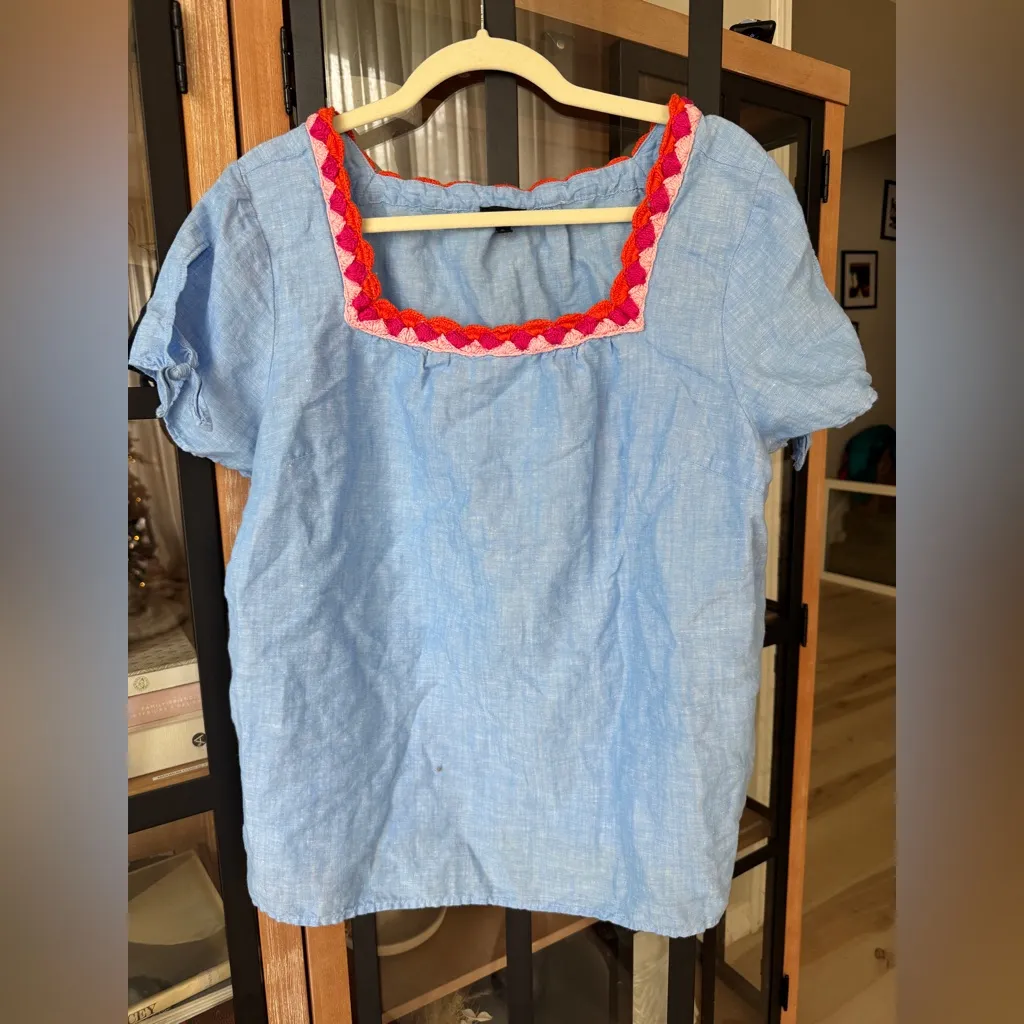 Tabolts crochet linen blouse top trim cross dye colorful bow short sleeve square - Image 9