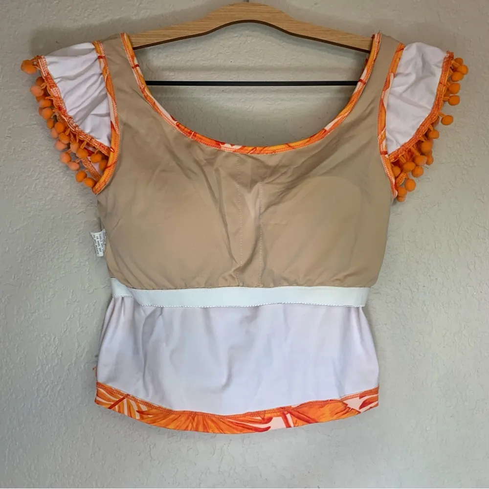 Kortni Jeane Flounce Top Ruffle Orange Palm Print Swim Top Size Small - Image 3