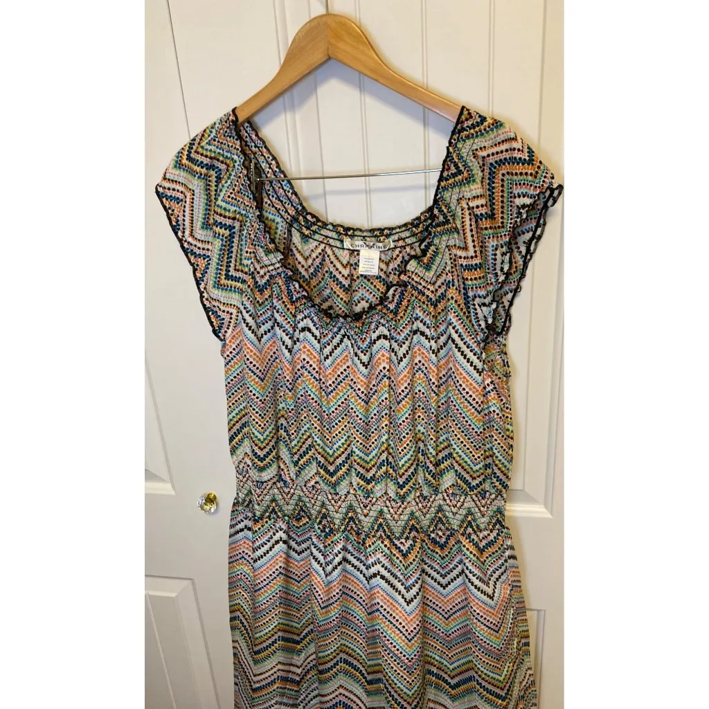 Christine Multicolor Zigzag Print Ruffle Cap Sleeve Dress L Black Size L - Image 3