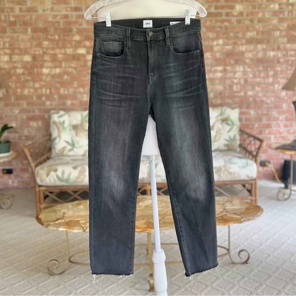 Edwin Bree Slim Straight Jeans Cropped Raw Hem Washed Black 28 Ankle Casual - Image 3