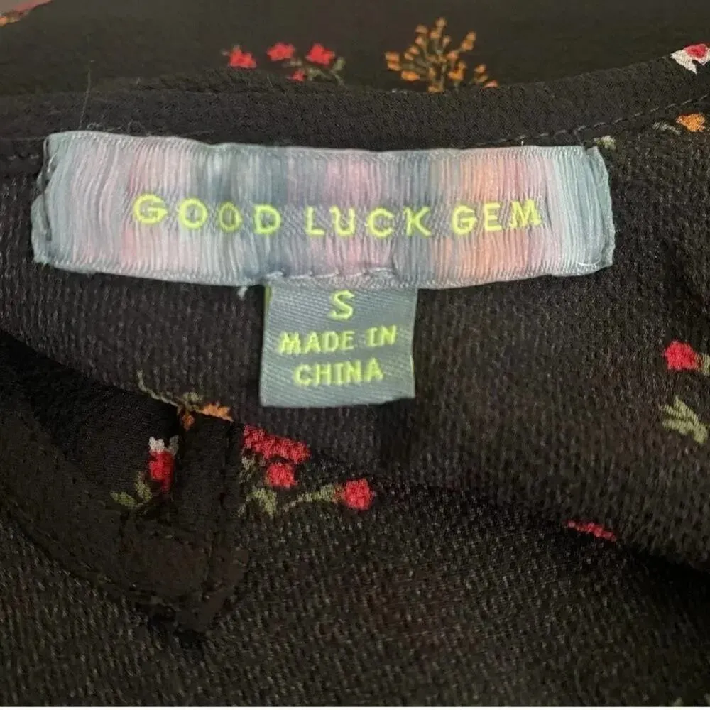 Good Luck Gem Black Floral Long Sleeve Ruffle Short Dress, Size Small - Image 8