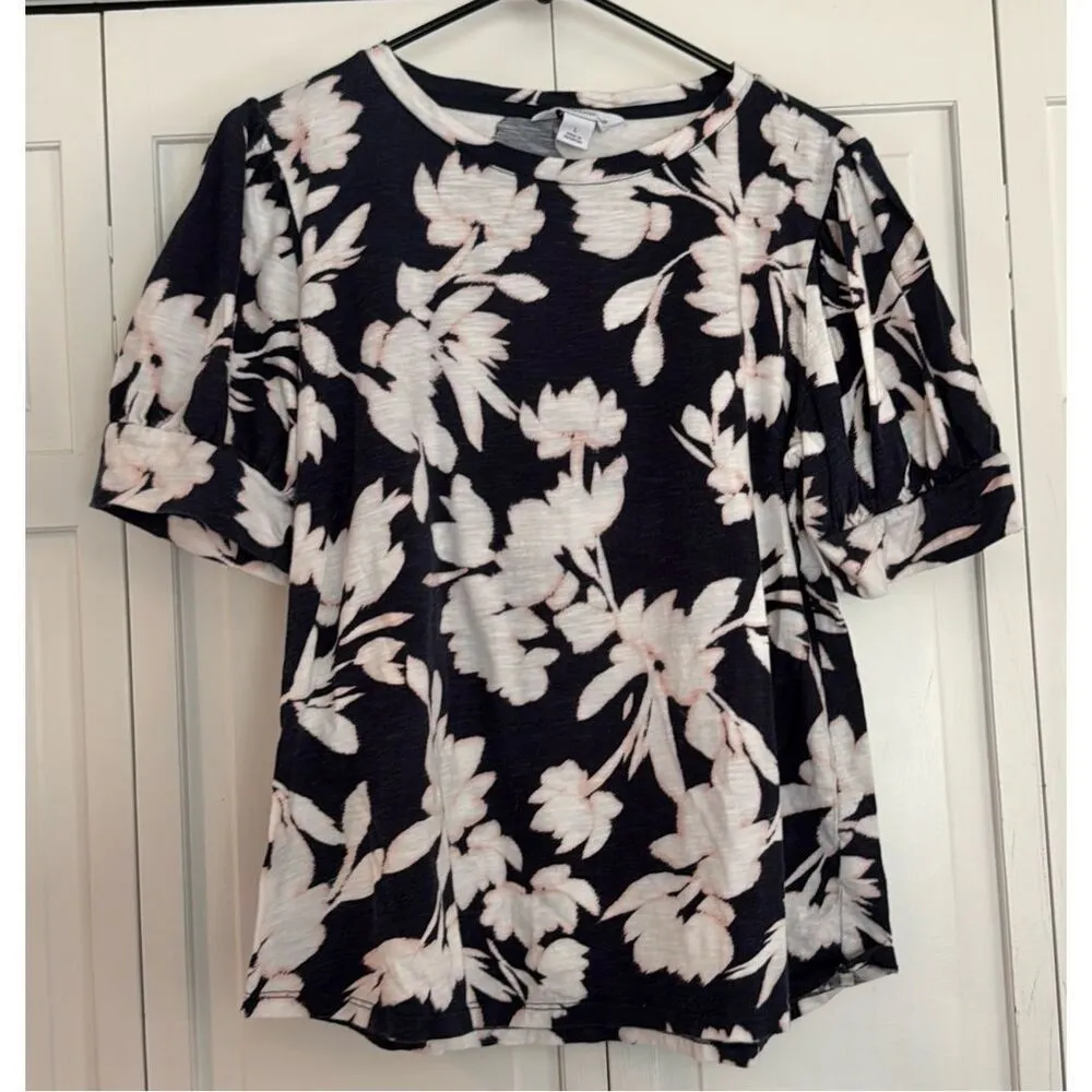 Liz Claiborne 100% cotton navy floral puff sleeve top large - Image 3