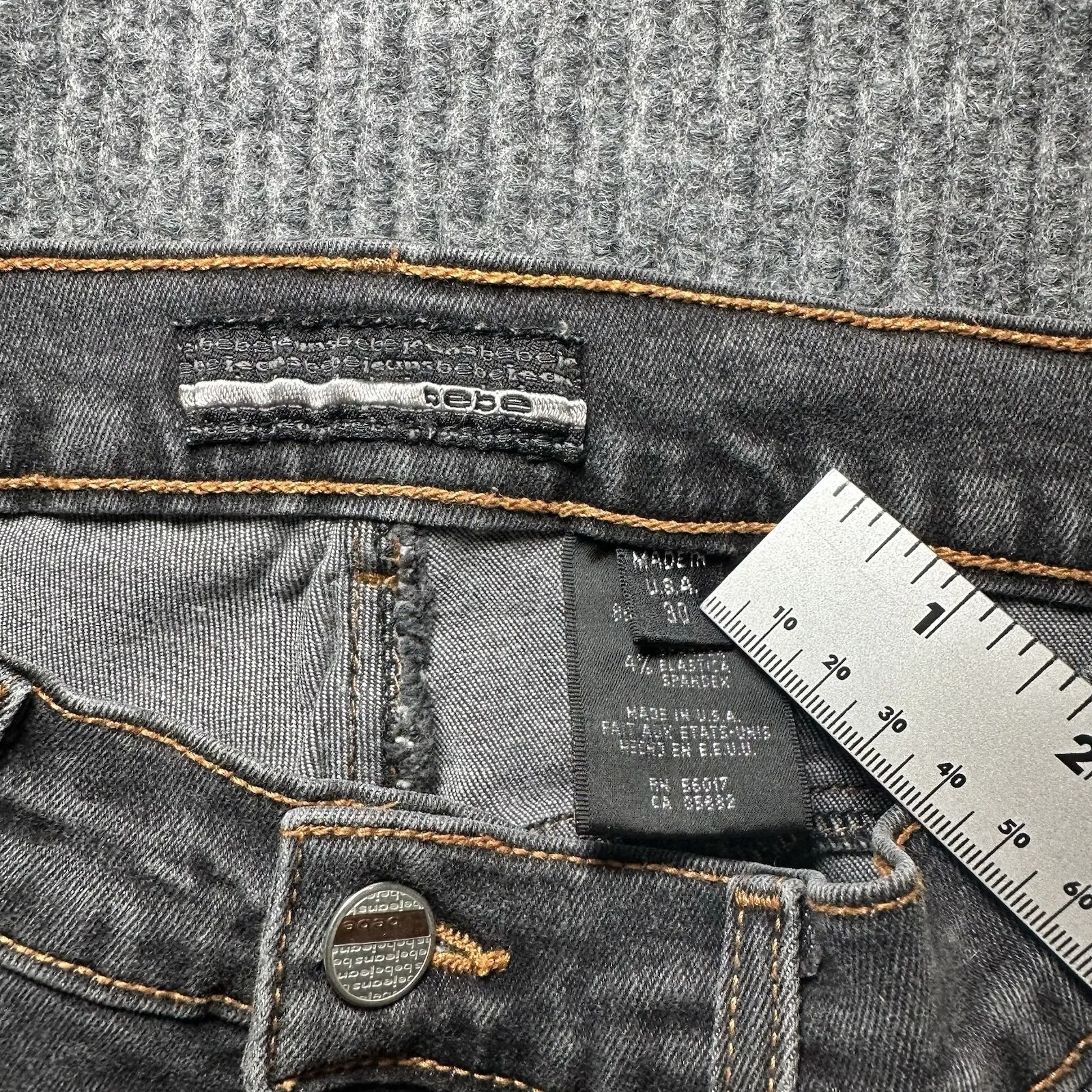 Vintage 90s‎ Bebe Denim Jeans With Beaded Crosses Size 30 Made In USA - Image 3