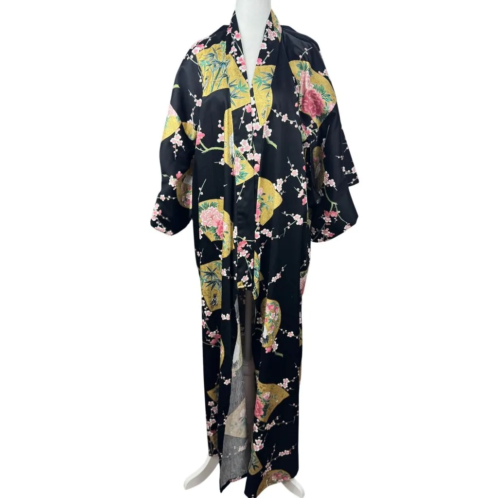 NEW Smithsonian S Black Kimono Robe Floral Fan Crane Yukata Made Japan - Image 3