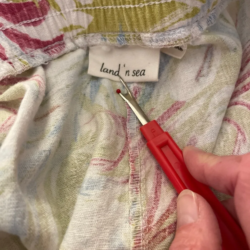 Land n Sea linen blend palm leaf print wide leg beach pants pink green blue Sz L Size L - Image 4