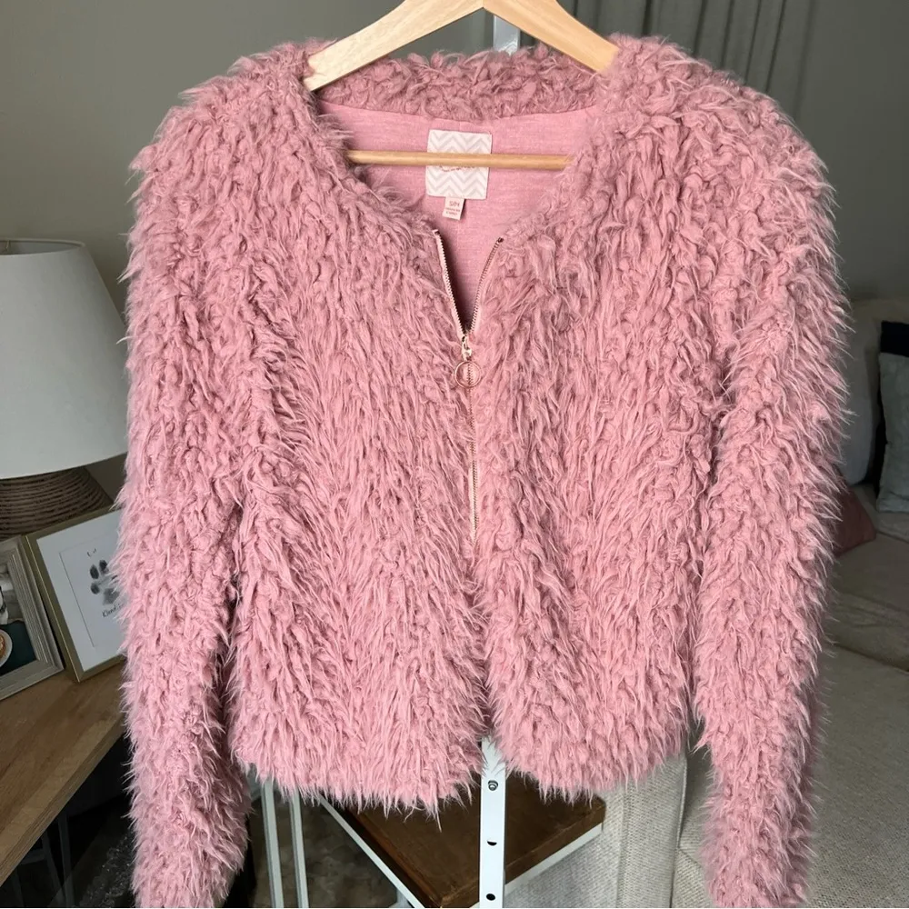 Candies Pink Fluffy Cropped Full Zip Retro Jacket Furry Shag Coat Size S - Image 3