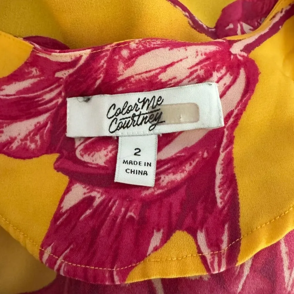 COLOR ME COURTNEY Lori Wrap Tie Front Cropped Top Blouse Yellow Pink EUC Small - Image 6