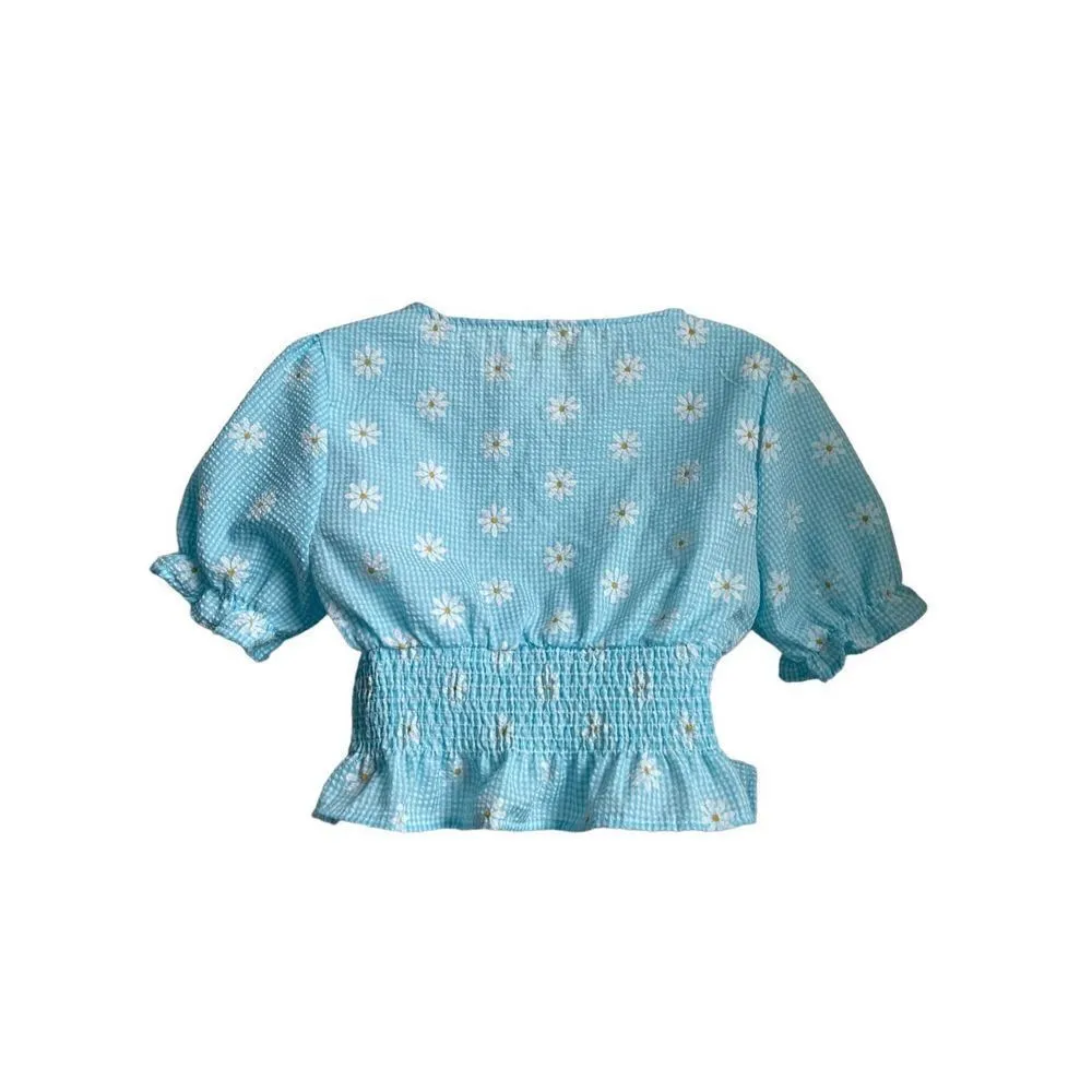 Y2K Gingham Daisy Smocked Cottage Core Short Sleeve Crop Top Medium Blue - Image 3