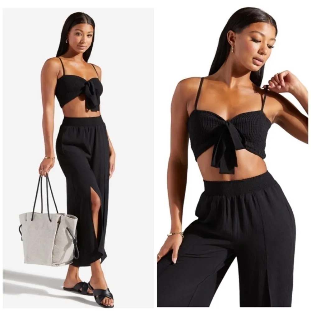 Express x Rocky Barnes Black Smocked Bow Tie Front Crop Top Stretchy Size L - Image 3