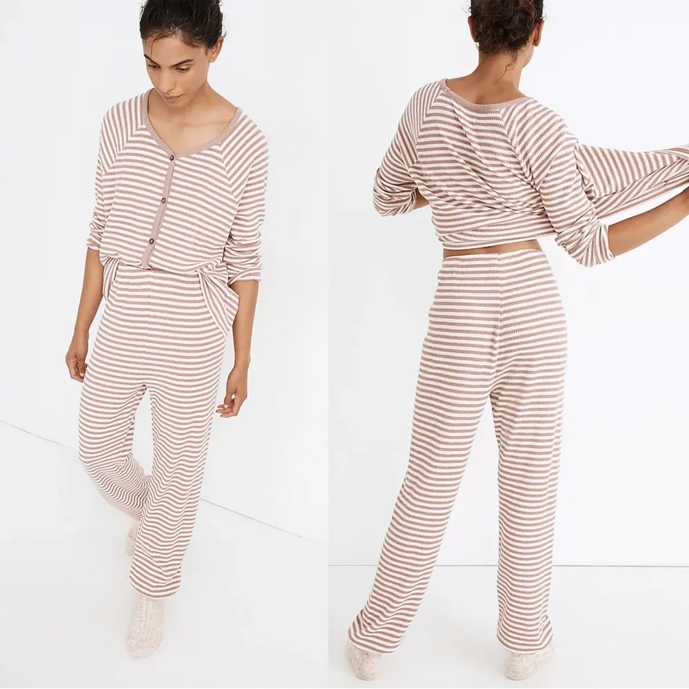 Madewell • Waffle Knit Pajama set top pants Lorain Stripe pink cream knit pjs - Image 15